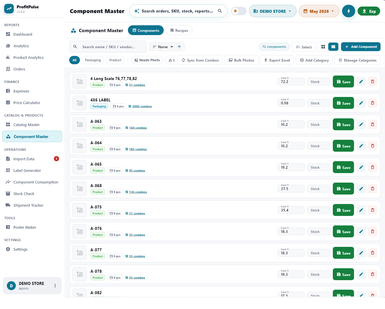Component Master — ek rate badlo, combos auto-update