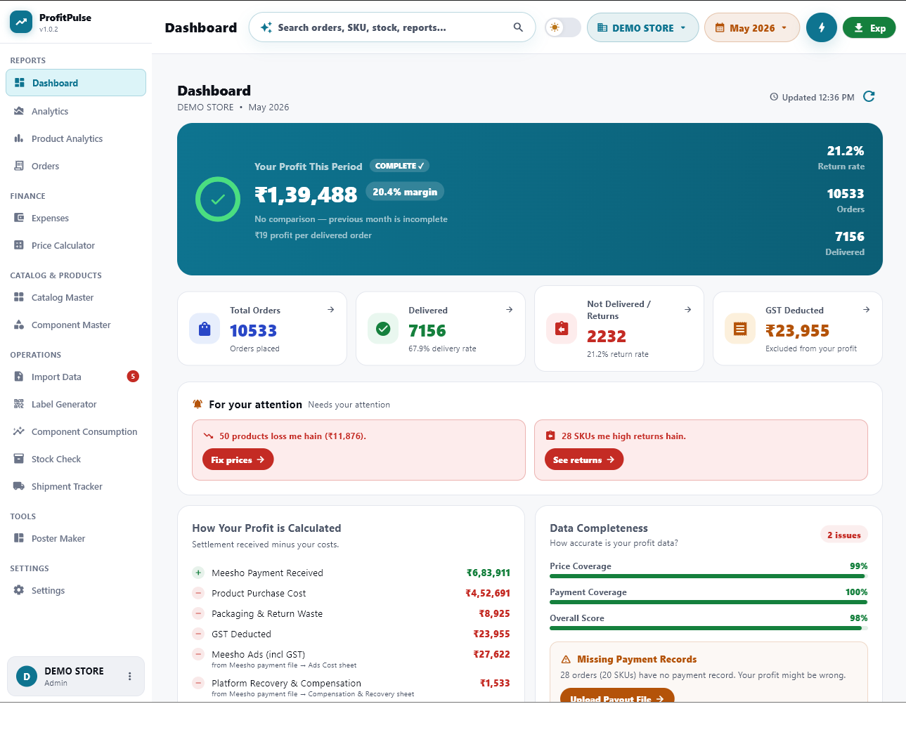 ProfitPulse dashboard — asli profit, orders aur returns ek nazar mein