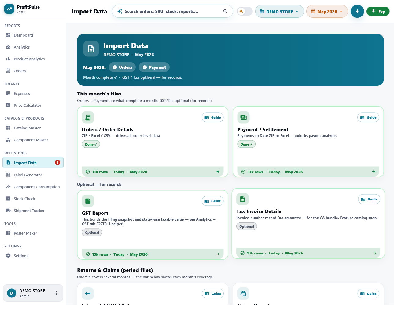 Import Data screen